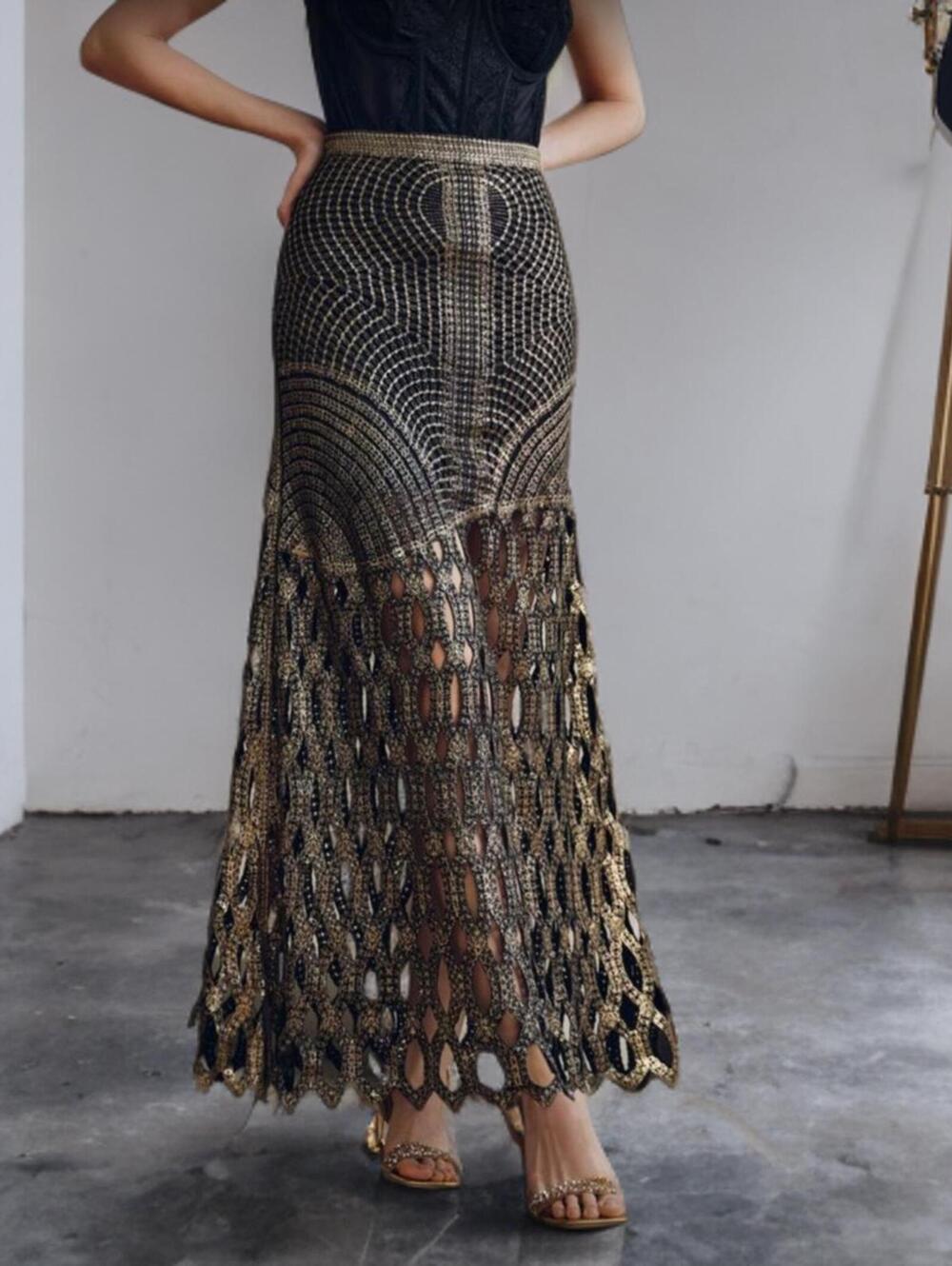 NWT Euro Chic SZ L Cutout Knotted Crochet Lace Golden Metallic A-Line Maxi Skirt